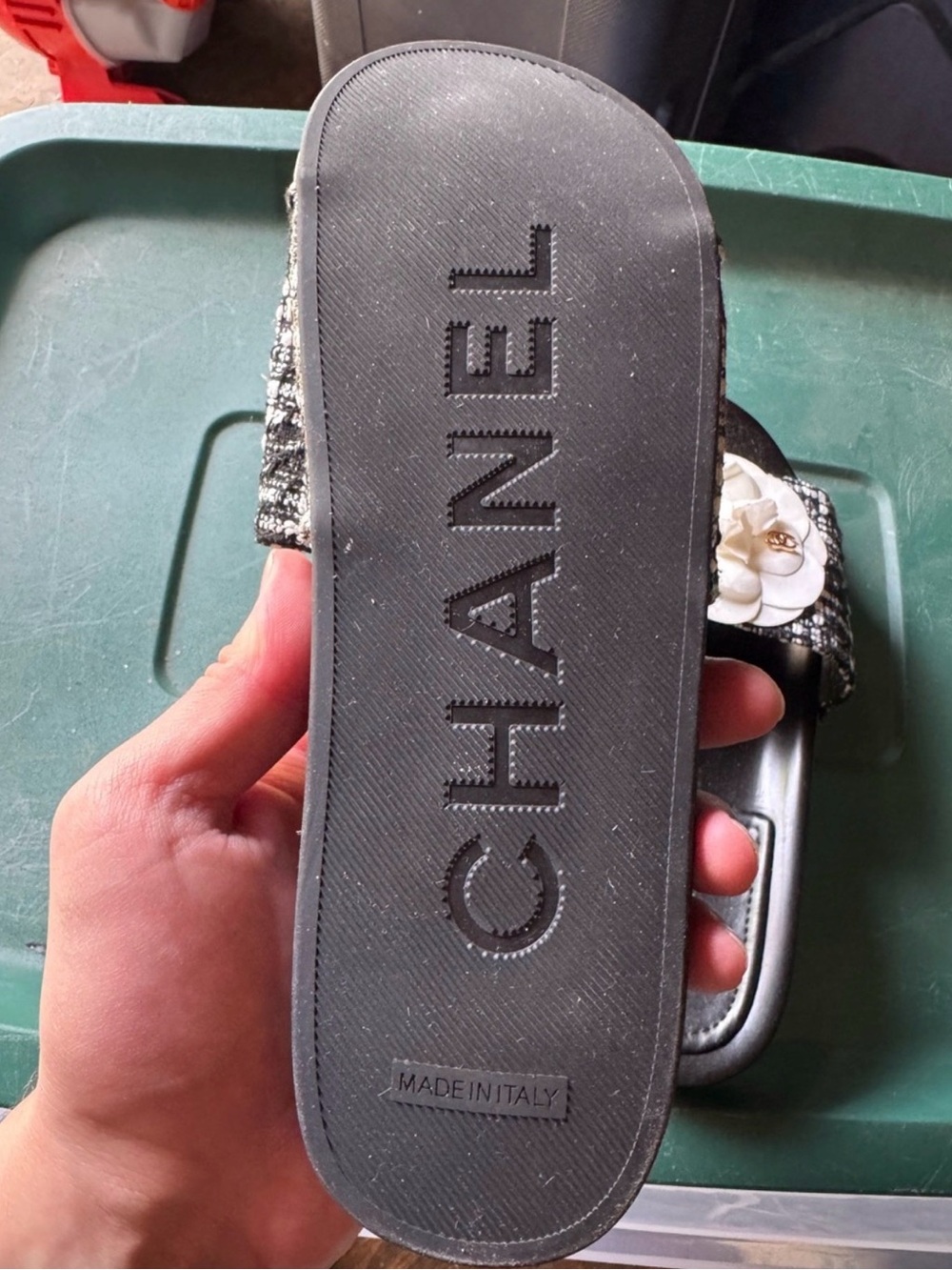 CHANEL Black Tweed Slides with White Camellias - Picture 3 of 3
